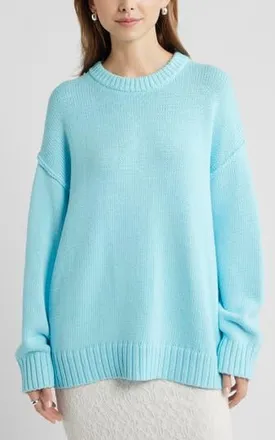 Open Edit Oversize Crewneck Cotton Sweater in Blue Atomizer at Nordstrom Rack, Size X-Small