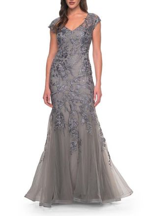La Femme Lace and Tulle Mermaid Gown with Cap Sleeves in Silver at Nordstrom, Size 14