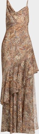 L'agence Viola Leopard Paisley Silk Chiffon Gown