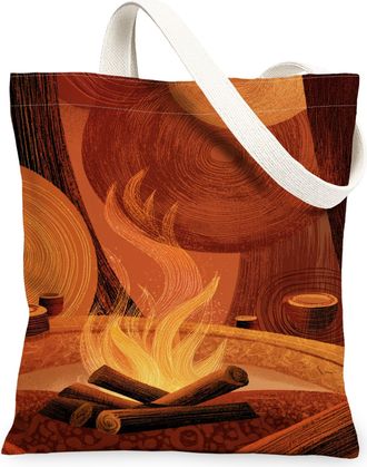 Generic Rustic Fire Canvas Tote Bags, Vintage Campfire Design Lightweight Washable Shoulder Strap Grocery Bags for Outdoor Travel P, Orange, 13x15 Inch