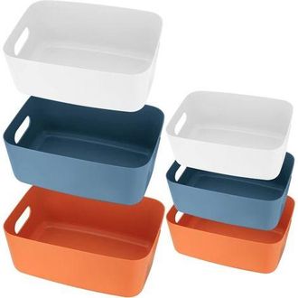 OEM Juego De 6 Cestas De Almacenamiento De Pl&aacute;stico Con Asas - 3 Tama&ntilde;os: 25x18x10 Cm Y 20x15x8 Cm - Colores: Blanco, Azul Oscuro, Naranja