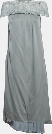 Self Portrait Blue Lace Trim Crepe Off-Shoulder Long Dress