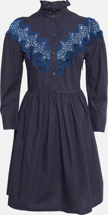 Sandro Navy Blue Cotton Lace Trim Ruffled Collar Mini Dress