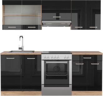 Vicco Mueble De Cocina R-line, Roble Negro/dorado De Alto Brillo, 200 Cm, Et Roble