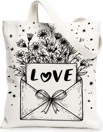 Generic Floral Canvas Tote Bags, Elegant Flower Design Reusable Shopping Bags, Spring Vintage Minimalistic Lightweight Washable Sho, White, 13x15 Inch