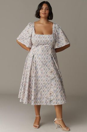 Selkie Bluebell Plus Short-Sleeve Square-Neck Midi Dress