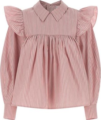 Ganni Oxford Stripe Frill Blouse - Dames - Blouses - Roze - XS - Katoen - Overhemden