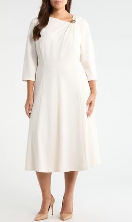 Anne Klein Shoulder Pin Asymmetric Long Sleeve Midi Dress in White Dove at Nordstrom, Size 18W