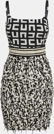 Elisabetta Franchi Monochrome Monogram Tweed Fringed Mini Dress