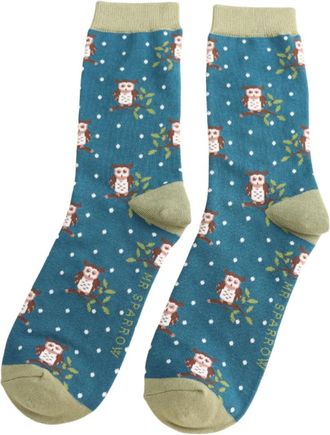 Generic Mens Owl Bird Socks One Size 7-11 Bamboo Crew Mid Calf Blend Black Navy Blue Teal Grey (Teal)