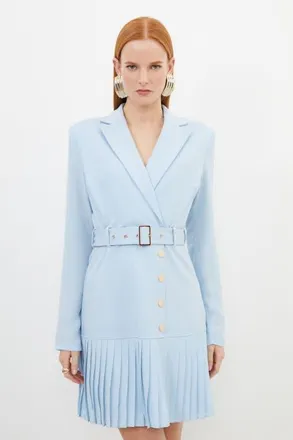 Karen Millen Pleated Skirt Collared Mini Dress in Pale Blue at Nordstrom, Size Medium