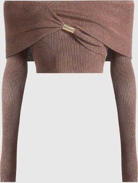Mani&egrave;re De Voir Shana Asymmetric Bardot Top With Hardware Detail in Taupe at Nordstrom, Size X-Small