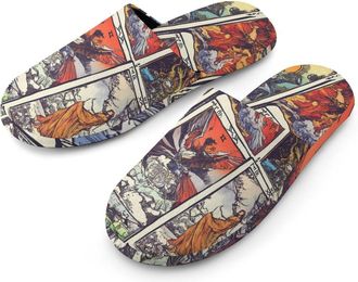 Generic Tarot Cards Vintage Mens Slippers Flannel Warm House Shoes with Rubber Anti-Slip Sole Slip On for Home Outdoor