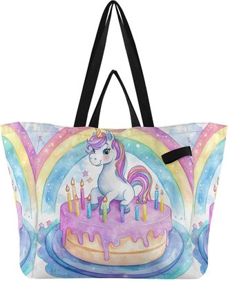Generic Cake Unicorn Pink print Reusable Canvas Tote Bag, Heavy Duty Grocery Shopping Bag with Large Capacity Hard Bottom Double Handles Work Groceries Travel