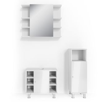 Vicco Conjunto De Muebles De Ba&ntilde;o Fynn, Blanco Alto Brillo, 3 Piezas, Con Mueble Alto
