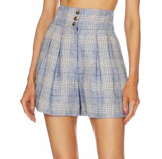 Veronica Beard Alicia Plaid High Rise Wool Linen Blend Shorts In Blue