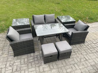 Fimous Rattan Wicker Garden Furniture Patio Conservatory Sofa Set with Rectangular Dining Table Armchair 2 Seater Sofa in Dark Grey