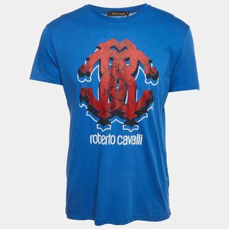 Roberto Cavalli Blue Logo Print Crewneck T-Shirt