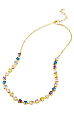 Savvy Cie Jewels GOLD PLATED OVER STERLING SILVER.925 PRONG SET HEART TENNIS NECKLACE ON THE CHAIN MIX COLOR CZ NECKLACE