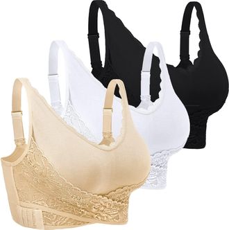 iClosam Womens Sports Bra Front Cross Side Buckle Push Up Bra Sexy V-Neck Lace Bralette Wireless Yoga Running Lounge Bra with Removable Pads M-XXXL