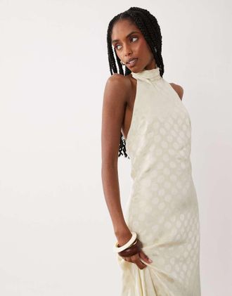 Asos Vestito lungo accollato allacciato al collo in chiffon color crema trasparente a pois-Bianco