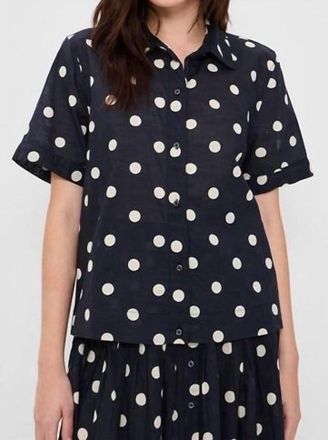 The Great. Messenger Button Down Top In Navy With Cream Polka Dots