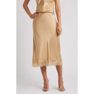 LoveShackFancy Malina Lace Detail Silk Skirt in Camel Charm at Nordstrom, Size Large