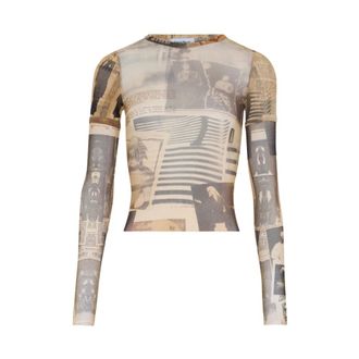 Jean Paul Gaultier Tops, Dames, Veelkleurig, S, Journal Print Round Neck Double-Sleeve T-shirt