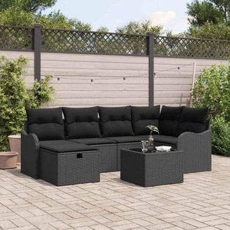 vidaXL Vidaxl Conjunto De Sof&aacute; De Jard&iacute;n Con Coj&iacute;n 7 Pcs Negro Polirat&aacute;n