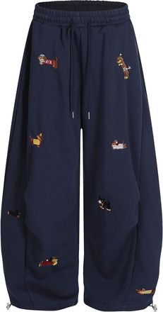 Generic Womens Wide Leg Sweatpants with Dog Embroidery, Elastic Waist, Side Pockets, Loose Fit Casual Trousers for Sports, Workout, Outdoor Navy