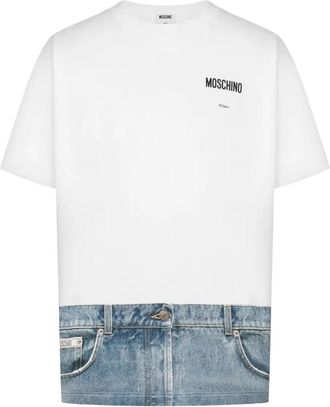 Moschino White T-Shirt With Denim-Inspired Hem Design