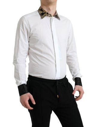 Dolce & Gabbana Mens White Cotton Jacquard Formal Gold Dress Shirt