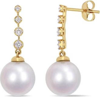 Amour 10 - 10.5 Mm South Sea Cultured Pearl and 1/6 CT TW Diamond Dangle Earrings In 14K Yellow Gold