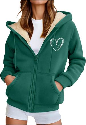 Generic Fleece Zipped Hoodies for Women UK Heart Print Ladies Hoodies Oversized Zip Up Hoodie Women Casual Fall Winter Sweatshirts with Pockets, Fashion Jacke