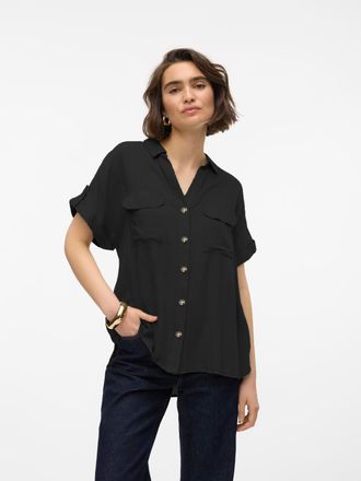 Vero Moda Kurzarmbluse VERO MODA VMBUMPY S/S SHIRT WVN GA NOOS, Damen, Gr. XS, schwarz, Web, Obermaterial: 100% Viskose, unifarben, regular fit normal, V-Aussch
