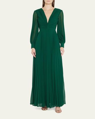 Badgley Mischka Pleated Blouson-Sleeve Deep V-Neck Gown
