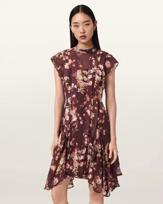 AllSaints Viscose Fleur Asymmetric Floral Dress, Size: UK 14/US 10