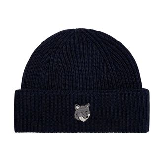 Maison Kitsun&eacute; Fox Head Large Beanie - Heren - Accessoires - Blauw - Maat: ONE Size Wol