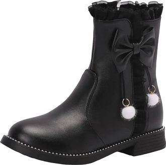 Generic Womens Mid Calf Boots Round Toe Low Block Heel Slip On Style With Butterfly-Knot Accent Casual Everyday Shoes