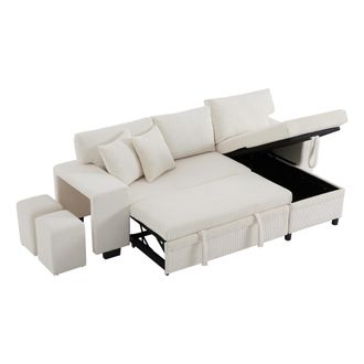 STILVORA Sof&aacute; Esquinero Convertible 3 Plazas En Terciopelo Acanalado Con Cofre, Usb, Type-c, Estante Lateral Y Brazos Anchos, Beige
