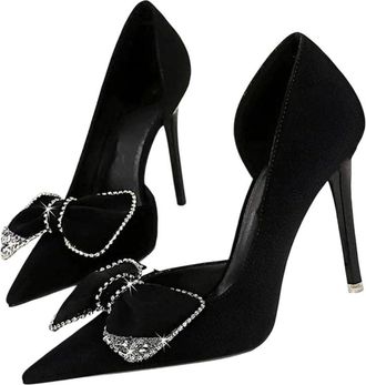 Generic Women Pointed Toe High Heel Pumps Rhinestone Bow Wedding Office Party Dress Shoes Black