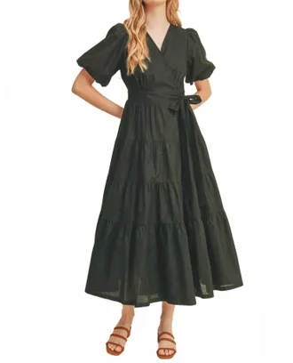 Merci Tiered Wrap Dress With Puff Sleeves In Black