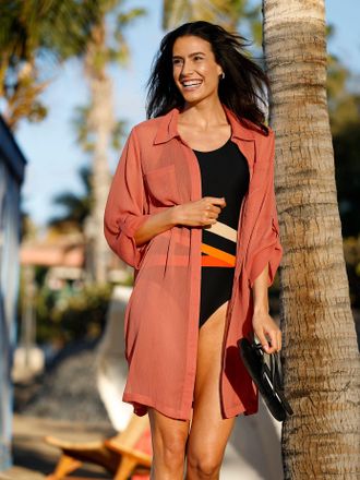 Feel Good Blusenkimono FEEL GOOD, Damen, Gr. 36/38, orange (papaya), 100% Polyester, unifarben, Blusen Blusenkimono