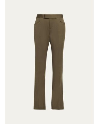 Balmain Buckle-Waist Wool Satin Straight-Leg Pants