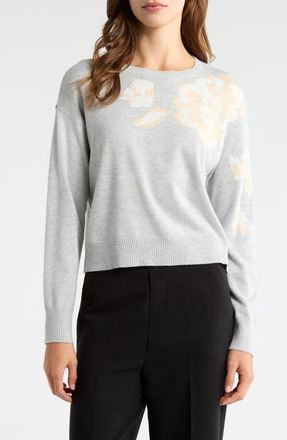 Vince Camuto Floral Motif Crewneck Sweater in Pearl Heather at Nordstrom, Size Xx-Small