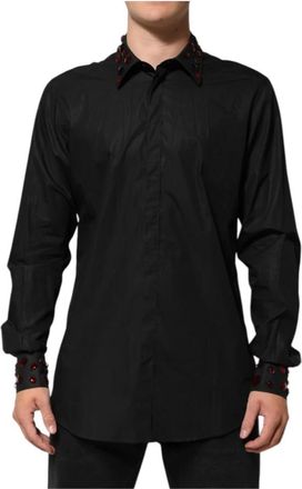 Dolce & Gabbana Zwarte Versierde Kraag Katoenen Overhemd - Heren - Casual Overhemden - Zwart - 2XL - Katoen - Overhemden