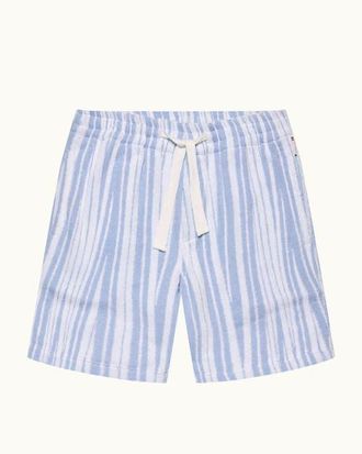 Orlebar Brown Trevone Towelling Classic Fit Towelling Crossover Stripe Shorts in Aero Blue/white Sand at Nordstrom, Size Xx-Large