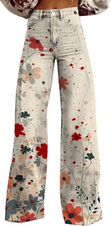 Generic Womens Vintage Floral Print Jeans High Waist Stretchy Wide Leg Straight Baggy Denim Pants Casual Y2K Streetwear Floral Patterned Colorful Trouser Stre
