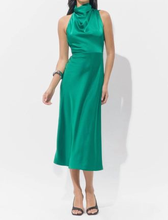 Adelyn Rae Jodie High Neck Satin Midi Dress In Emerald