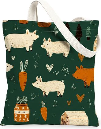 Generic Farm Animal Canvas Tote Bags, Pigs and Carrot Pattern Reusable Grocery Bags, Autumn Chic Lightweight Washable Canvas for Tr, Green, 13x15 Inch
